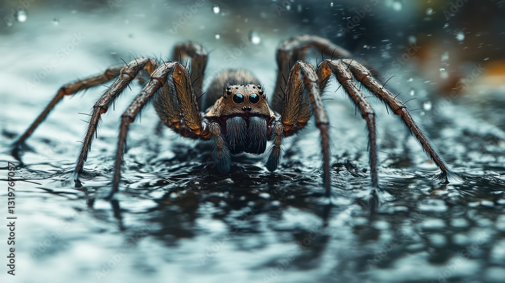 Large Spider on Water in a Misty Forest Large Spider on Water in a Misty Forest