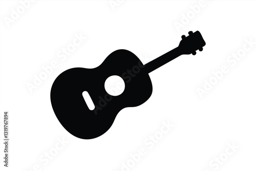 Dark silhouette of acoustic guitar on white background