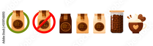Icons of coffee beans in bag and glass jar, caffeine drink in cup with cookie. Container for kitchen storage, box for shop, mug with coffee for cafe. Prohibition and allow signs, vector illustration