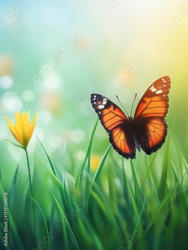 art abstract spring background or summer background with fresh grass and butterfly. AI generated illustration