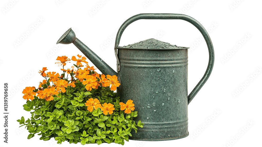Watering can with water droplets surrounded by vibrant flowers in a garden setting Watering can with water droplets surrounded by vibrant flowers in a garden setting
