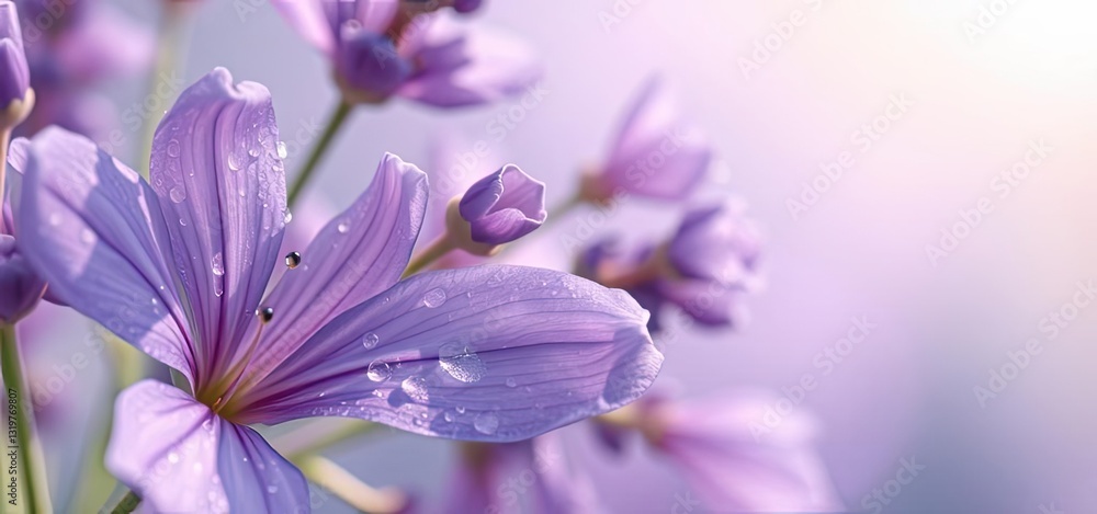 Fototapeta premium Purple Flower Macro Photography Dew Drops Petals Soft Focus Floral Background