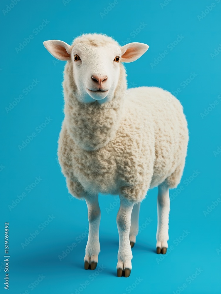 Fototapeta premium A Fluffy White Sheep Stands on a Vibrant Blue Background