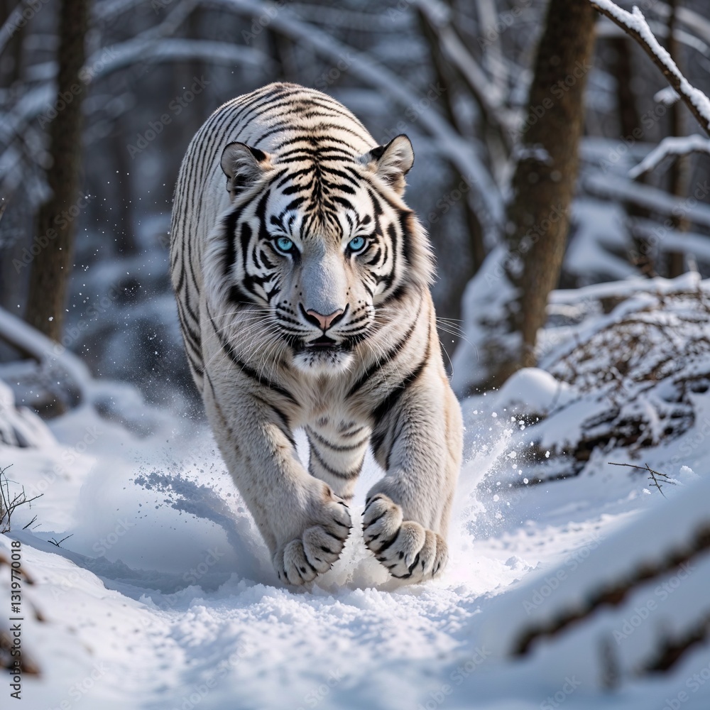 Fototapeta premium White Tiger Running in Snow