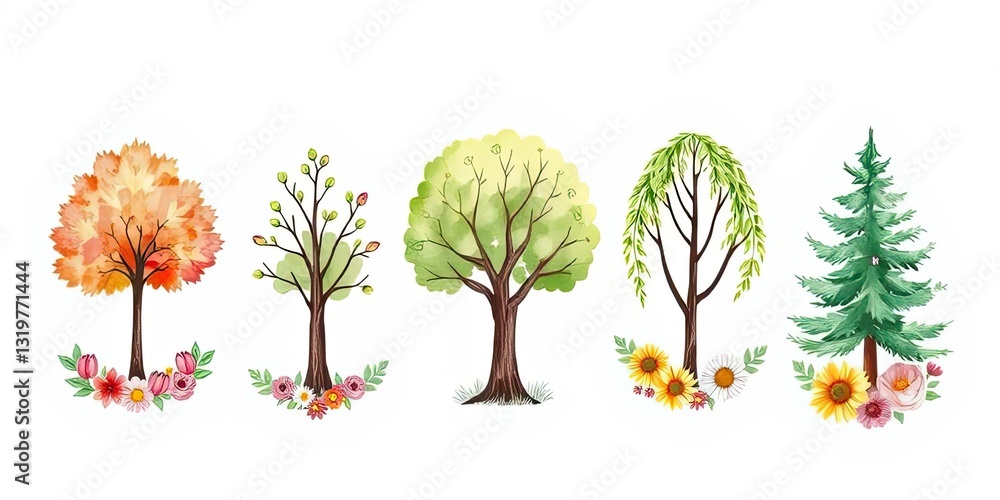 Obraz premium Watercolor Trees Spring Summer Autumn Winter Evergreen