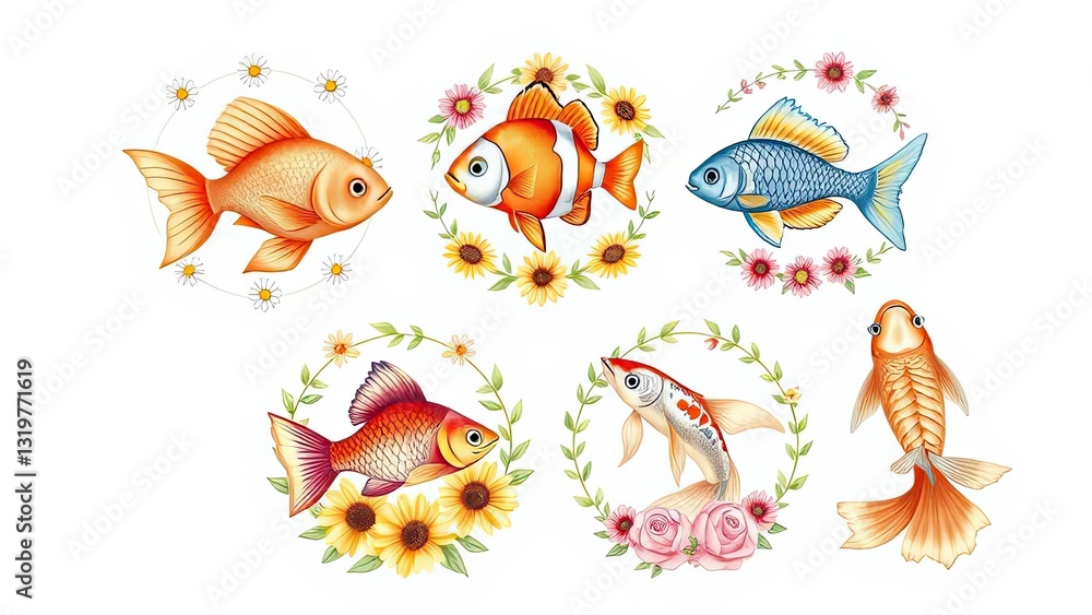 Naklejka premium Colorful Fish with Floral Wreaths Aquatic Life Nature Illustration