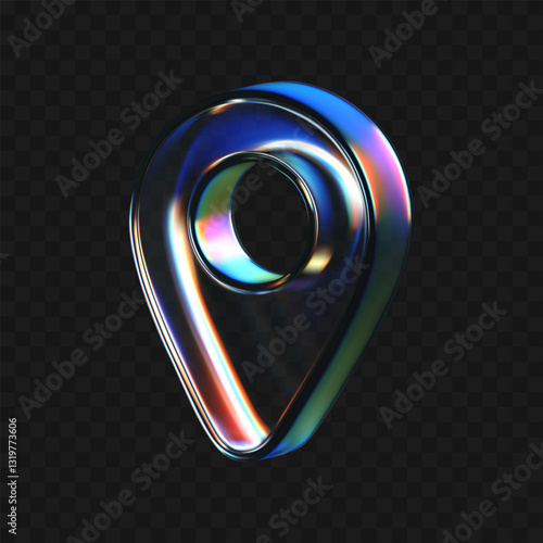 3D glass location pin icon with refraction, holographic effect isolated on dark background. Render transparent glass location map with rainbow gradient. Navigation, gps sign. 3d vector morphism