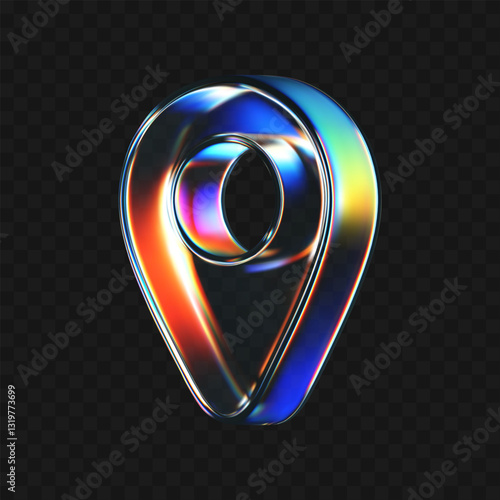 3D glass location pin icon with refraction, holographic effect isolated on dark background. Render transparent glass location map with rainbow gradient. Navigation, gps sign. 3d vector morphism