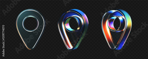 3D glass location pin icons set with refraction, holographic effect isolated on dark background. Render transparent glass location map with rainbow gradient. Navigation, gps sign. 3d vector morphism