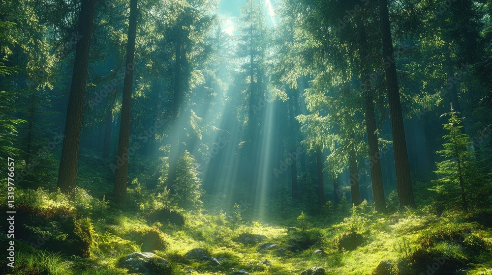 Sunbeams pierce a lush, green forest. Perfect for nature, peace, and tranquility themes. Sunbeams pierce a lush, green forest. Perfect for nature, peace, and tranquility themes.