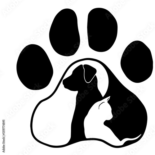 Logo in the shape of a paw print, with silhouettes of a dog and cat inside, looking left, symbolizing love for pets, animal care, and pet adoption themes.

