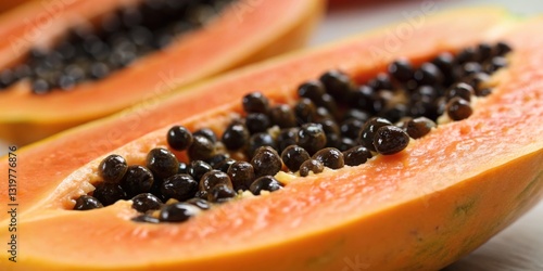 Obraz na płótnie Freshly cut ripe papaya showcasing vibrant orange flesh and glossy black seeds on a wooden surface w salonie