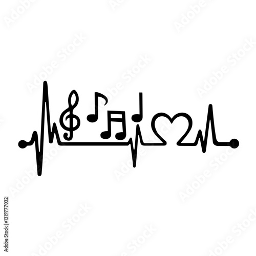 Heartbeat line including musical notes and a heart symbol in the center, representing music, love, and rhythm, ideal for designs combining music and emotion, perfect for Valentine’s and music-themed d