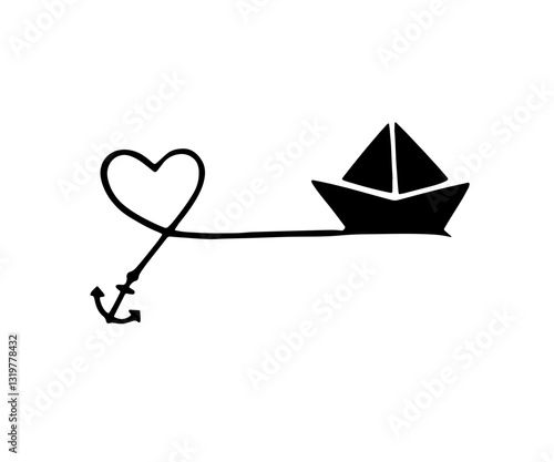 Black silhouette of a paper boat connected by a line to a heart, transforming into an anchor, symbolizing love, connection, and journey, ideal for romantic or nautical-themed designs.

