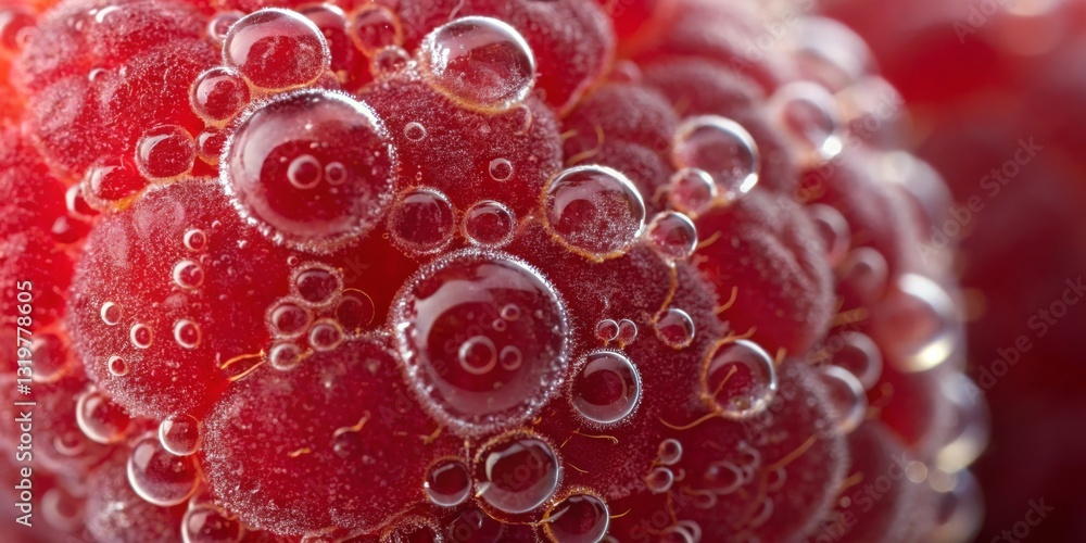 Close-up view of raspberries submerged in bubbles creates an enticing, refreshing appearance