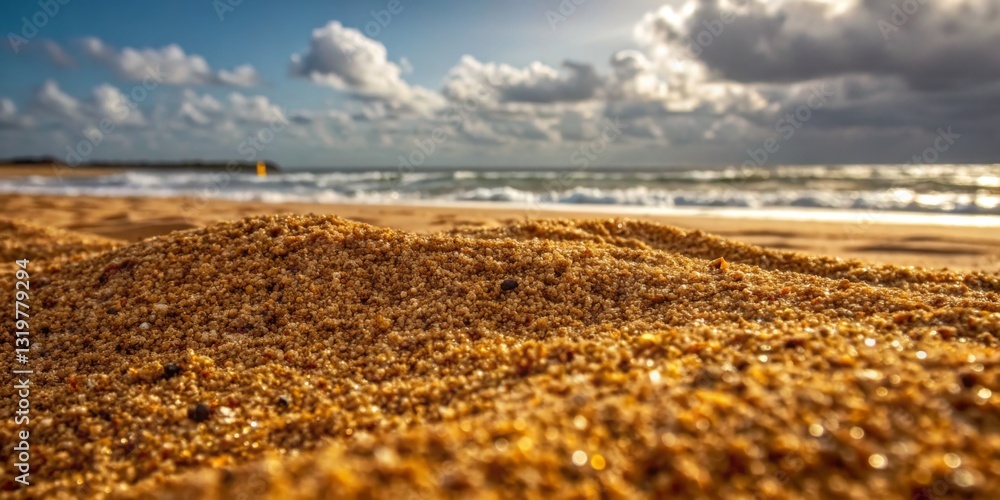 Sandy beach under cloudy sky with gentle waves rolling in during sunset