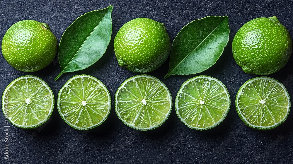 A group of limes with leaves on a black surface A group of limes with leaves on a black surface