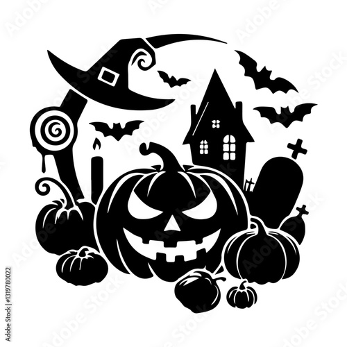 Halloween black-and-white illustration featuring a pumpkin with a sinister face surrounded by other pumpkins, bats, a house, a tombstone, a witch's hat, and a lollipop, perfect for Halloween decoratio