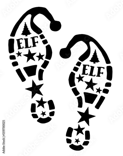 Elf shoe prints in the snow with "ELF" text, a Christmas tree, and stars inside, representing Christmas spirit and playful elf tracks, ideal for holiday decorations and festive themes.

