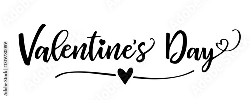 "Valentine's Day" written in decorative font with hearts replacing apostrophe and a heart-shaped decoration under the text, symbolizing love, affection, and romantic greetings for cards and stickers.
