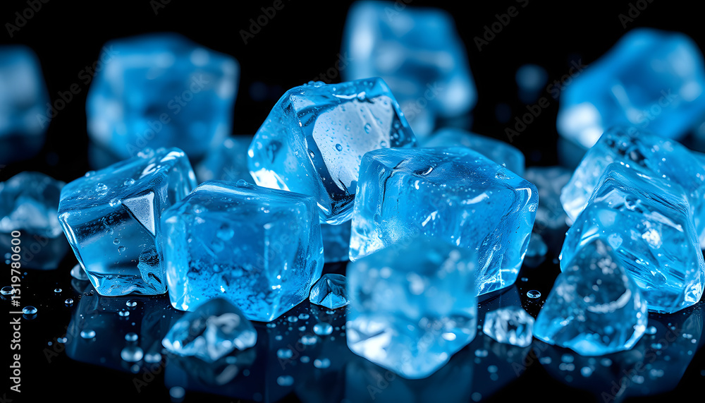 Closeup of blue ice cubes with water droplets on black surface, refreshing and cool concept for summer drinks and cocktails , with white tonespng Closeup of blue ice cubes with water droplets on black surface, refreshing and cool concept for summer drinks and cocktails , with white tonespng