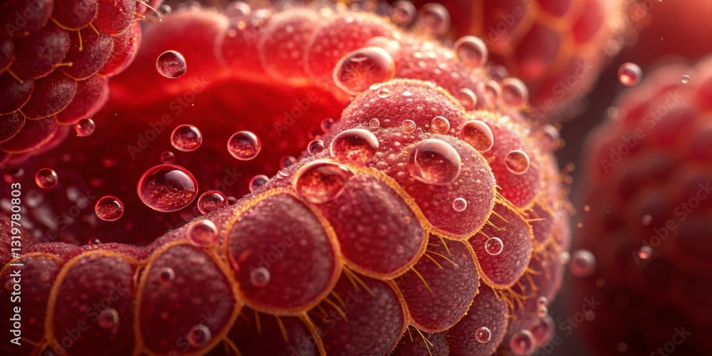 Close-up view of ripe raspberry covered in water droplets showcasing vibrant red color and texture