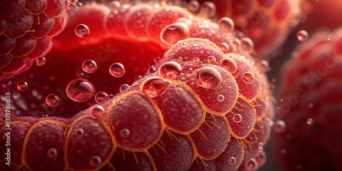 Obraz na płótnie Close-up view of ripe raspberry covered in water droplets showcasing vibrant red color and texture w salonie