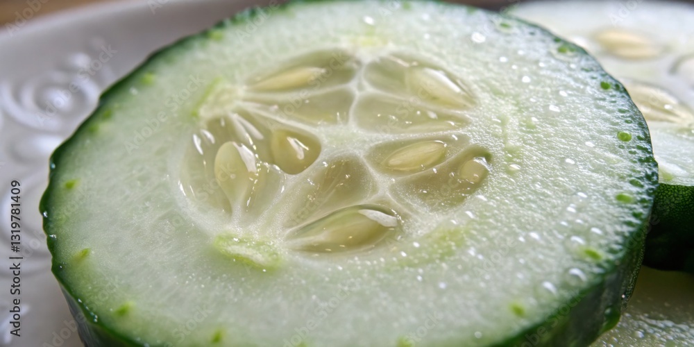 Freshly sliced cucumber on a decorative plate highlighting its juicy texture and vibrant color
