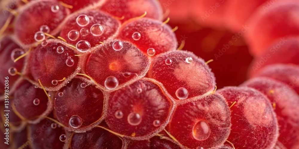 Close-up view of fresh raspberries with water droplets highlighting their texture and freshness in natural light