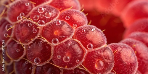 Close-up view of fresh raspberries with water droplets highlighting their texture and freshness in natural light