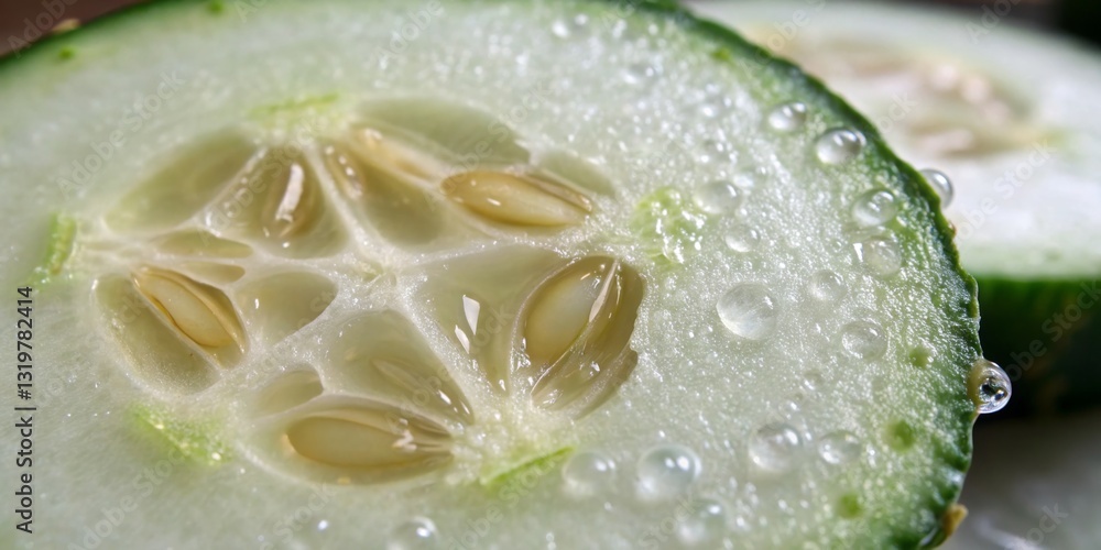 Freshly sliced cucumber showcasing juicy seeds and refreshing texture on a wooden surface