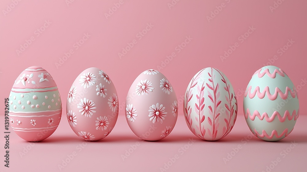 A row of pink and green easter eggs on a pink background A row of pink and green easter eggs on a pink background