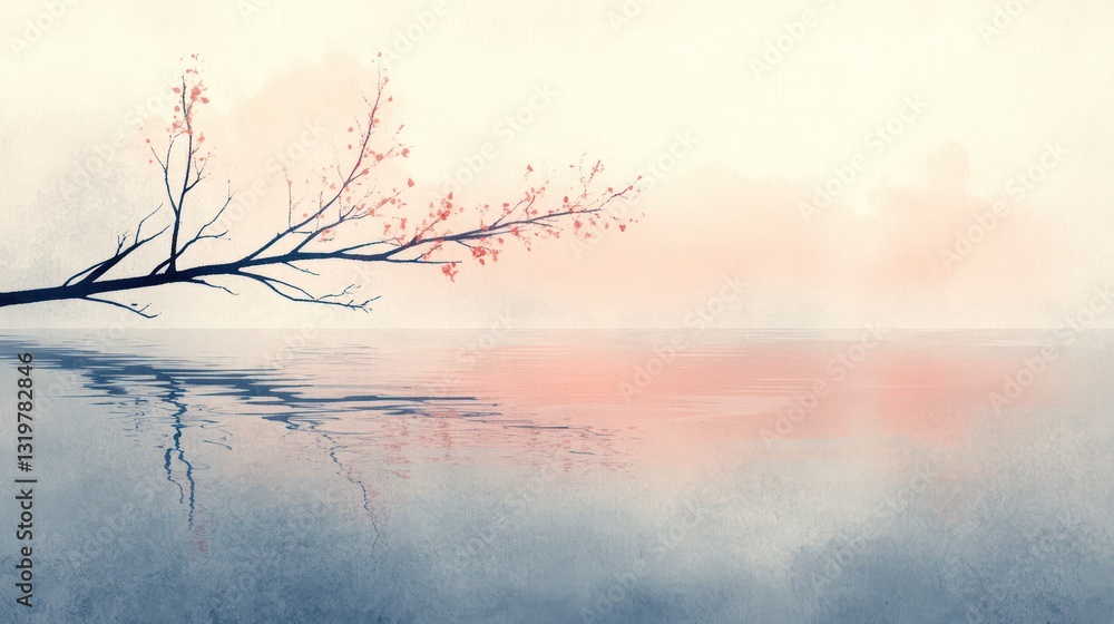 Bare Branch, Pink Blossoms, Misty Lake Reflection Bare Branch, Pink Blossoms, Misty Lake Reflection