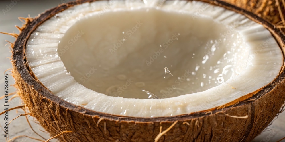 Fresh coconut halves with water splashing inside in a natural setting during daylight