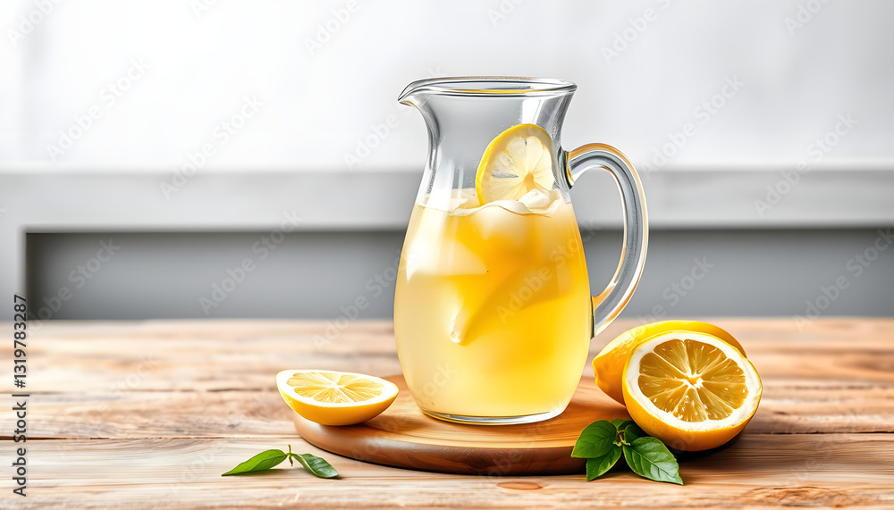 Fototapeta premium Pitcher of homemade lemonade on wooden table , with white tonespng