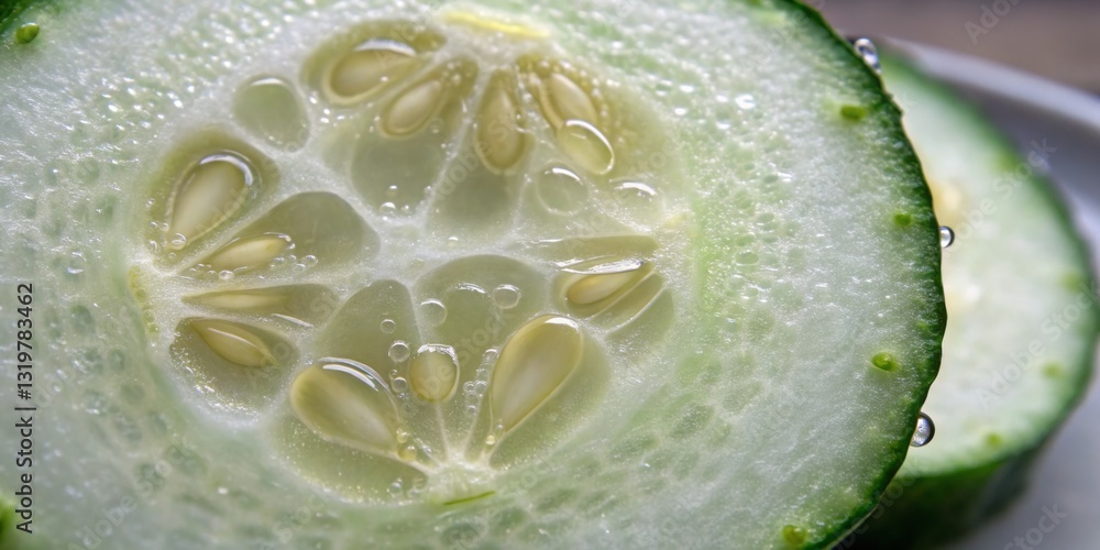 Freshly cut cucumber showcasing its juicy interior and seeds on a plate