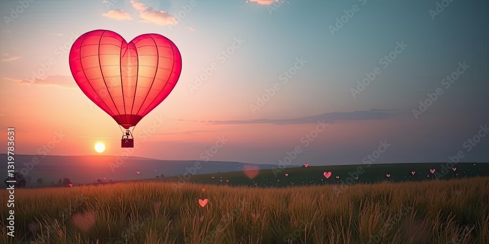 Fototapeta premium Romantic Heart Shaped Hot Air Balloon Sunset Flight Over Field