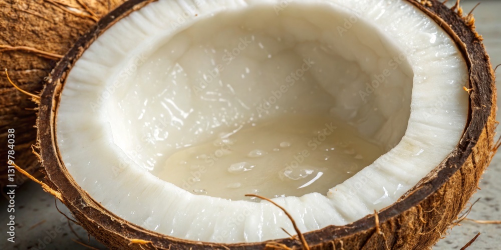 Freshly cracked coconut showing white flesh and water on a rustic wooden surface