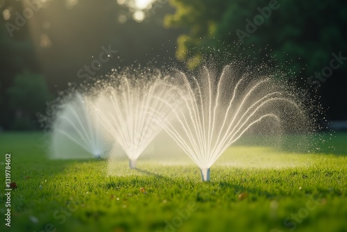 Wallpaper Mural Rotating Lawn Sprinklers Creating Shimmering Water Display Over Lush Green Lawn at Golden Hour, artificial rainfall Torontodigital.ca