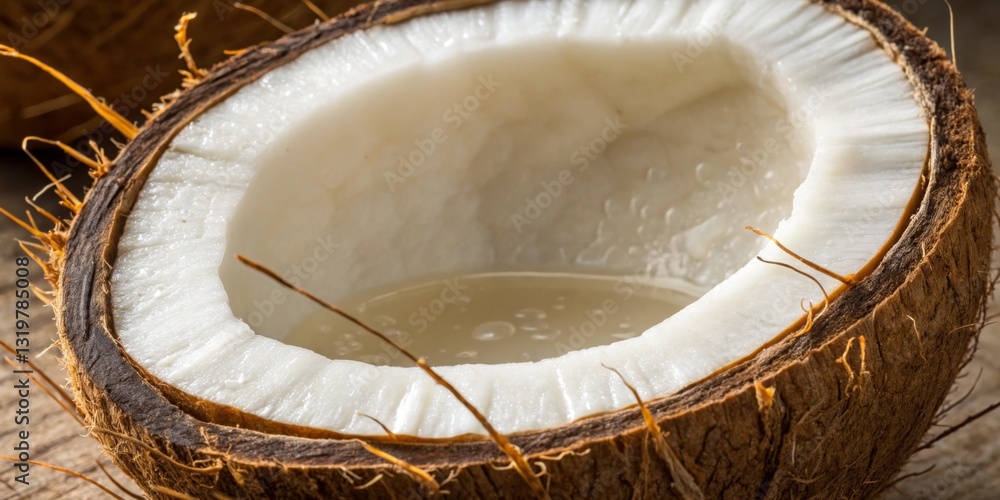 Fresh coconut cut open revealing creamy flesh and sweet water in natural setting capturing tropical essence