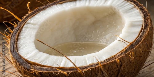 Obraz na płótnie Fresh coconut cut open revealing creamy flesh and sweet water in natural setting capturing tropical essence w salonie