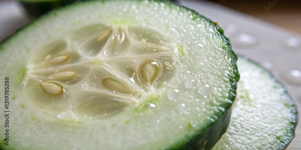Freshly sliced cucumber revealing seeds and juicy interior on a cutting board