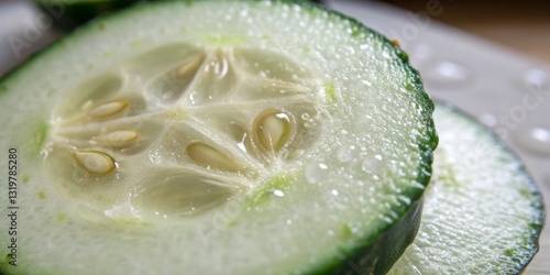 Obraz na płótnie Freshly sliced cucumber revealing seeds and juicy interior on a cutting board w salonie