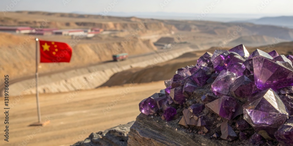 Amethyst crystals gleam under the sun near a mining site with a flag of China waving in the background