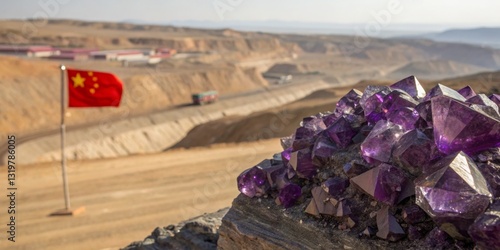 Obraz na płótnie Amethyst crystals gleam under the sun near a mining site with a flag of China waving in the background w salonie