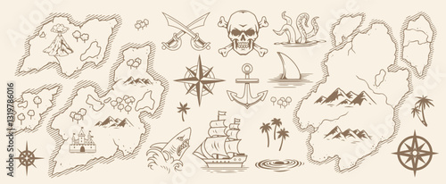 Pirate treasure map with sea creatures