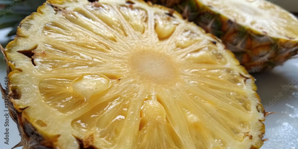 Freshly cut pineapple revealing juicy, sweet flesh ideal for tropical dishes and refreshments