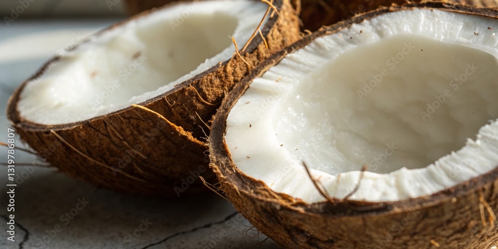 Freshly sliced coconuts showcasing their creamy white flesh on a textured surface under natural light