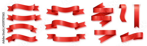 Red ribbon banners isolated. Shiny red promotional ribbons and sale tags. Price discount stickers and marketing banners. Vector elements. PNG