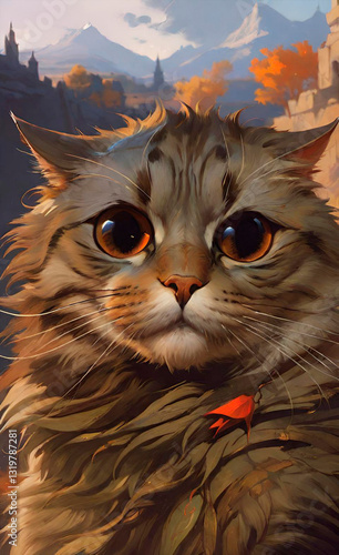 A cute cat is watching, eyes and muzzle. Soft shorstka. A selfie from a cat in a fantasy world. AI ART.Expressive Close-Up of a Fluffy Tabby Cat The image is a digital painting or illustration that